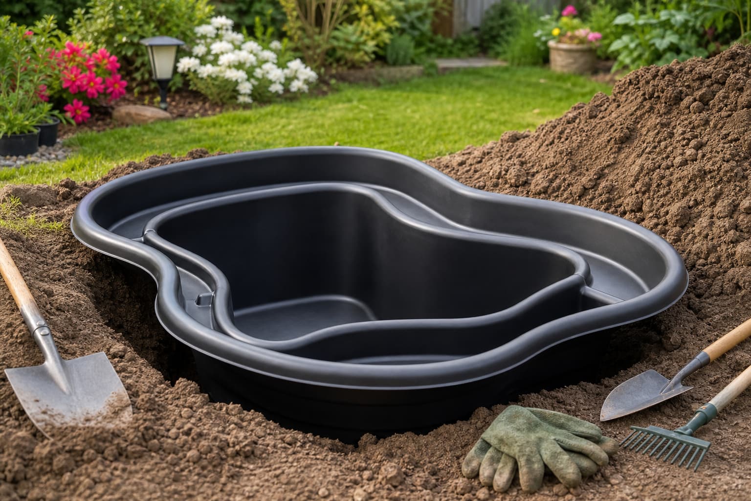 Gros plan d’un bassin préformé noir en plastique aux formes organiques, en cours d’installation dans un trou, avec outils de jardin et terre à proximité, devant un jardin avec pelouse et fleurs.