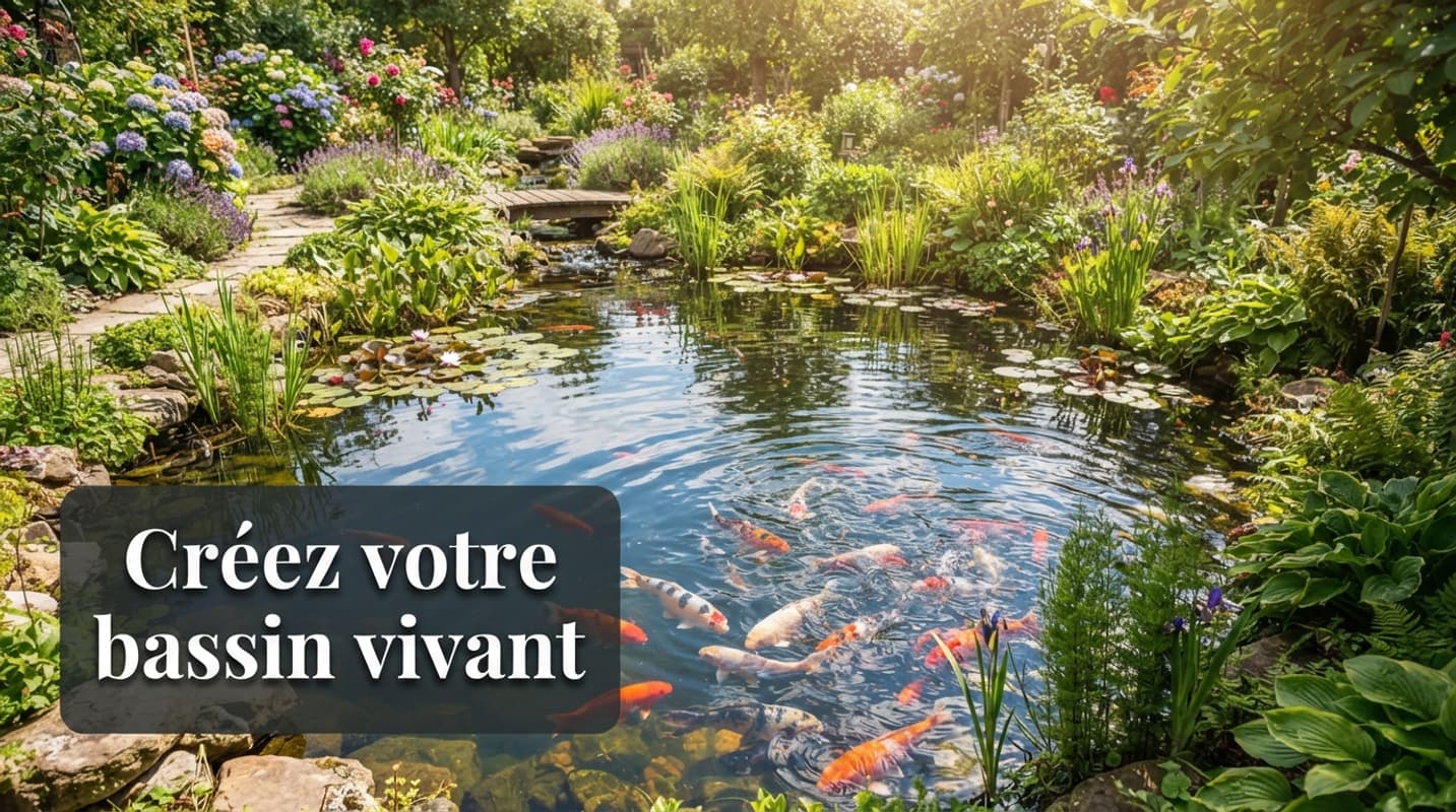 Bassin de jardin extérieur avec eau claire, poissons colorés nageant, et texte superposé