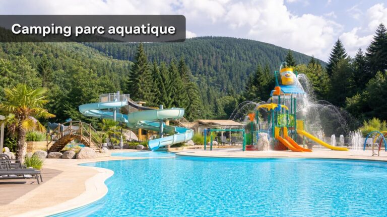 Vue d'ensemble d'un espace aquatique extérieur de camping avec piscine, toboggan et jeux d'eau, entouré d'une forêt vosgienne, et texte 'Camping parc aquatique' en surimpression.