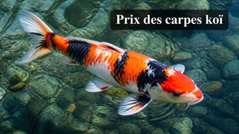Carpe koï aux motifs orange, noirs et blancs nageant dans une eau claire, avec le texte superposé « Prix des carpes koï ».