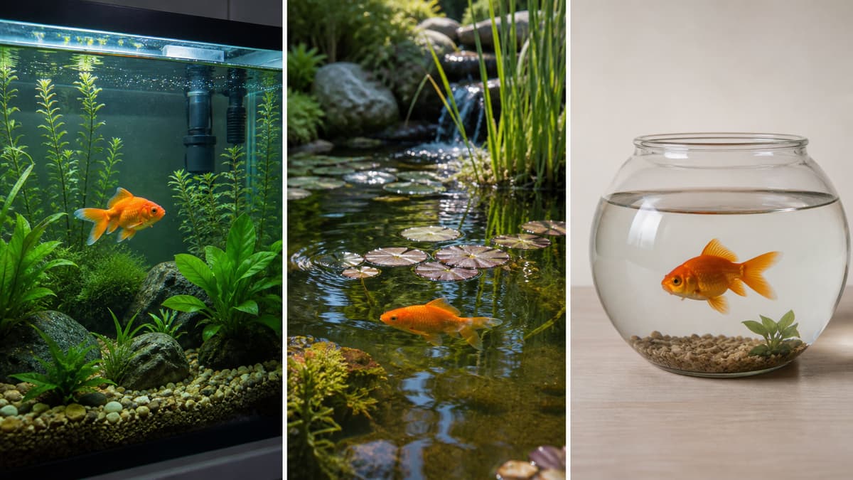 Aquarium planté, bassin extérieur végétalisé et petit bocal disposés côte à côte, chacun contenant un poisson rouge.
