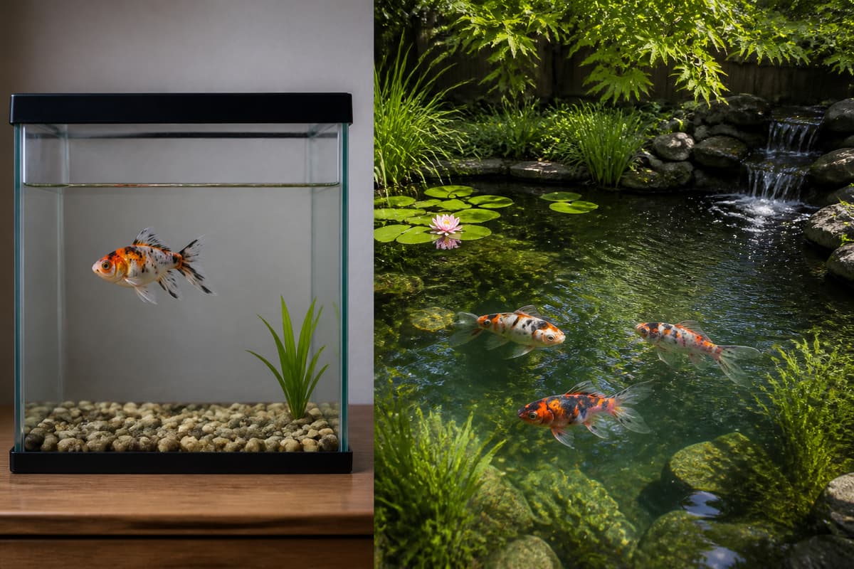 Comparaison entre un petit aquarium avec un seul Shubunkin isolé à gauche et un bassin de jardin spacieux avec plusieurs Shubunkins parmi des plantes aquatiques à droite.