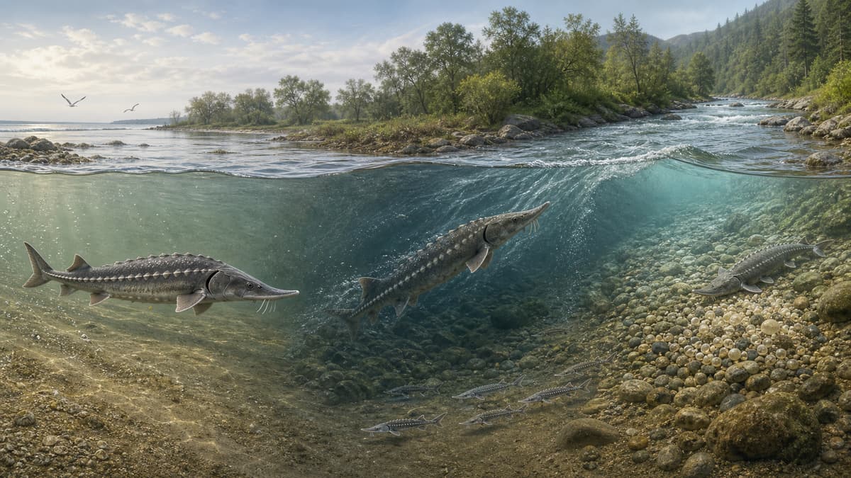 Esturgeon européen adulte remontant un cours d’eau depuis un estuaire vers une frayère en eau douce, tandis que de jeunes esturgeons descendent vers l’aval.