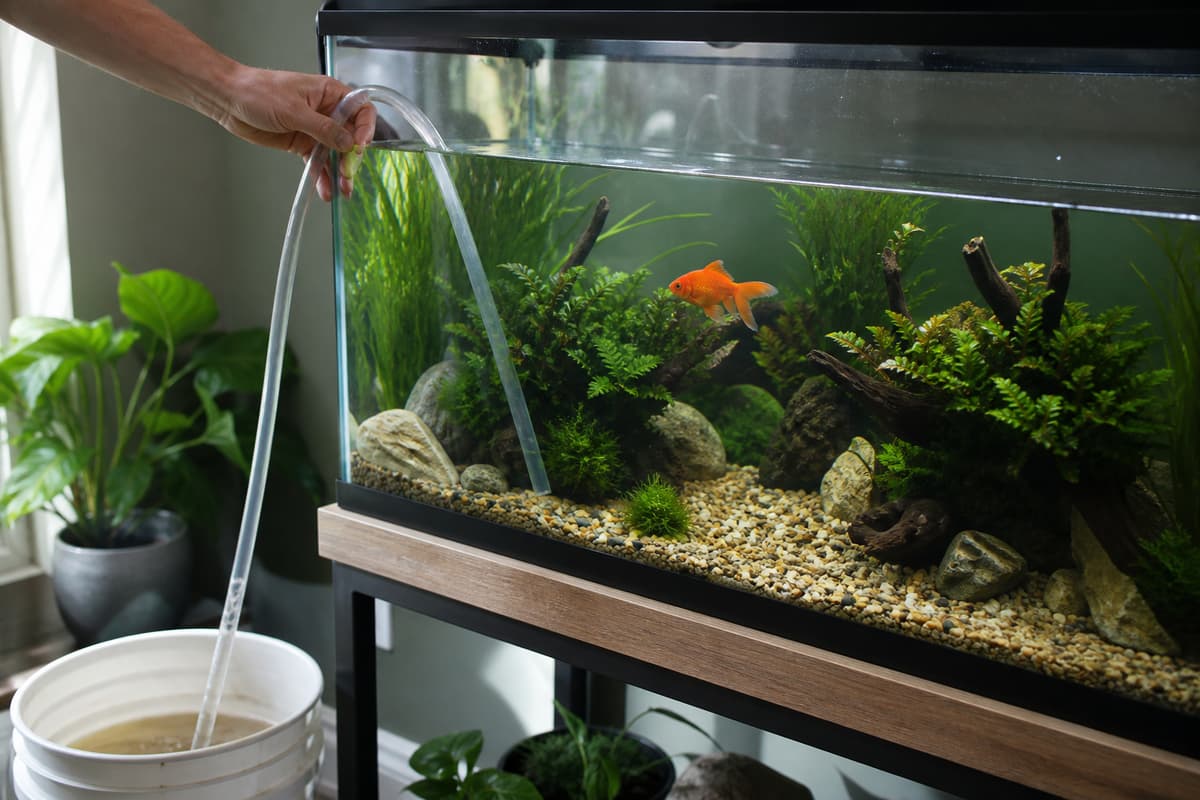 Un siphon d’aquarium retire partiellement l’eau tandis qu’un poisson rouge nage dans l’aquarium avec plantes et décor en place.