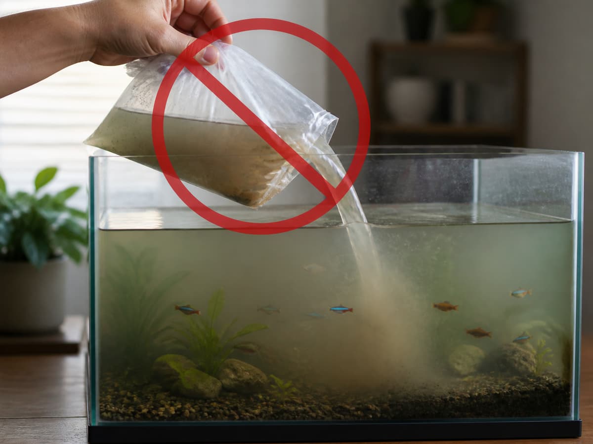 Une main verse l’eau trouble d’un sac de transport dans un aquarium peuplé de poissons, avec un symbole d’interdiction rouge superposé au geste.