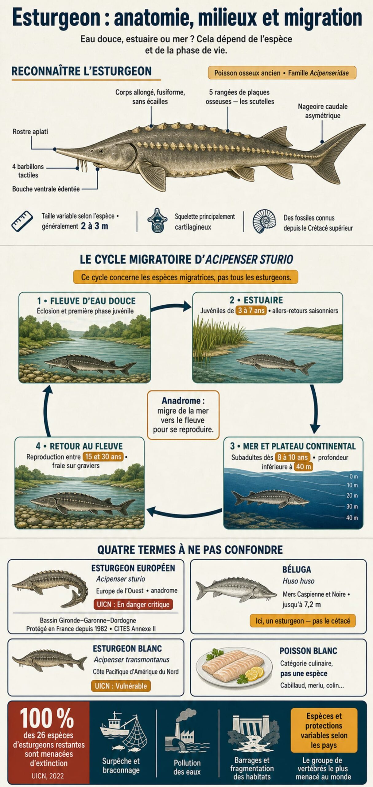 Infographie esturgeon : anatomie, migration, appellations et menaces