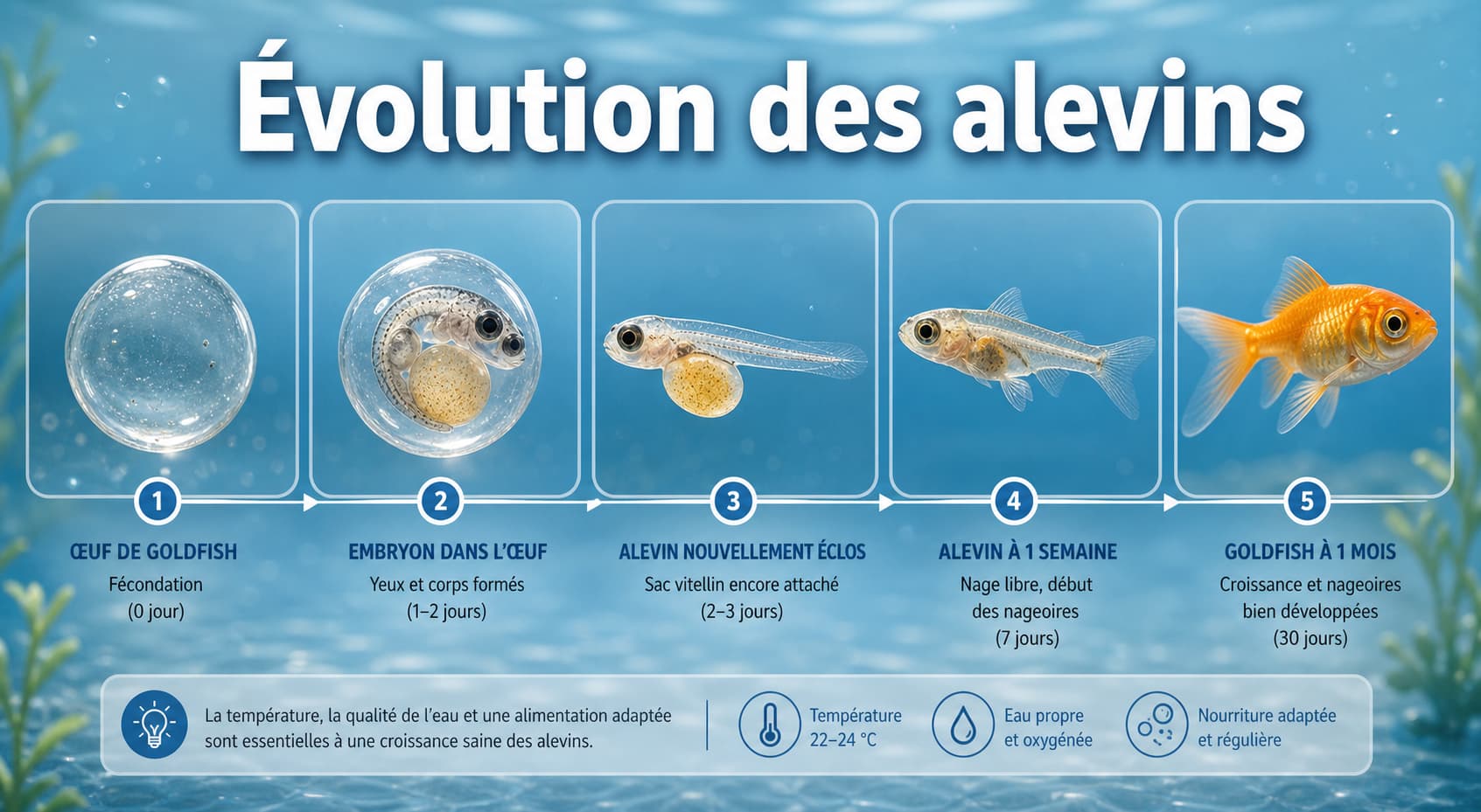 Évolution des alevins de poisson rouge en plusieurs stades, de l