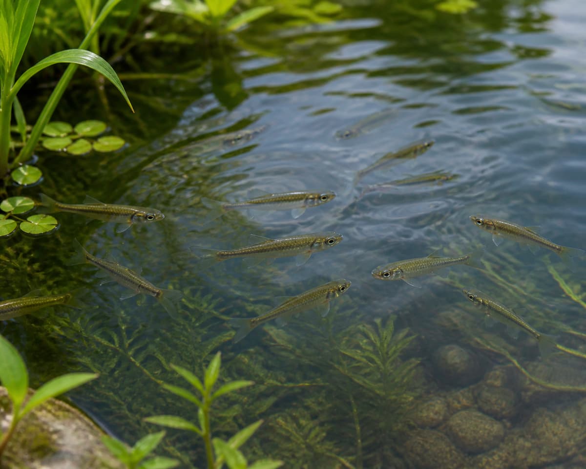 Petit groupe de poissons fins et argentés nageant près de la surface d’un bassin extérieur, avec de légères ondulations et des plantes aquatiques discrètes.