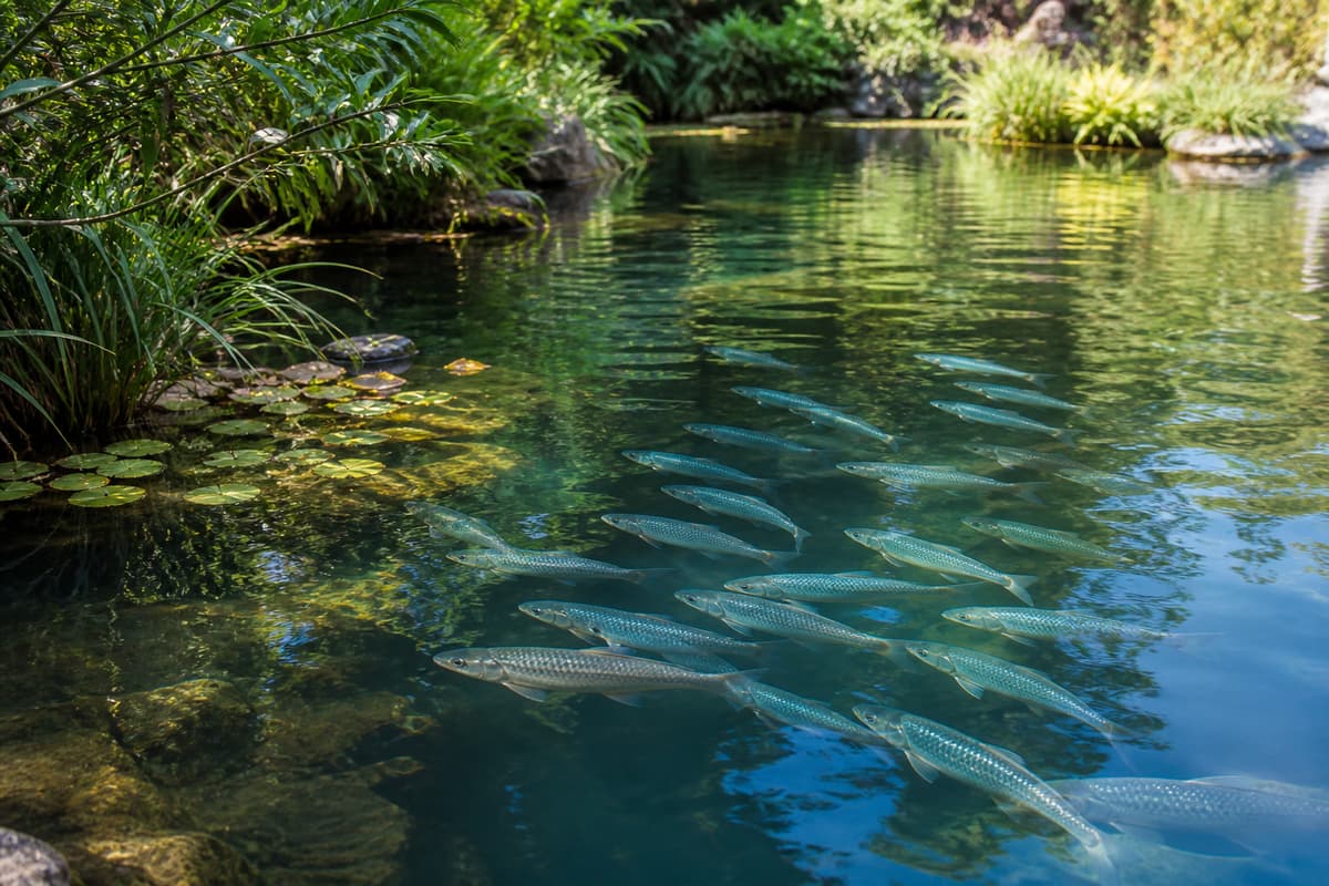 Banc de poissons argentés de grande taille nageant sous la surface d’un grand bassin de jardin paysager entouré de végétation de berge.