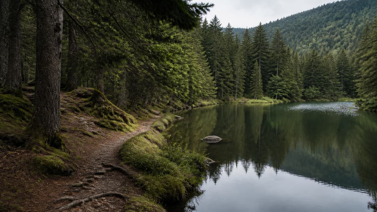 Lac forestier étroit bordé de sapins, avec un sentier discret le long de la rive et des reflets calmes.
