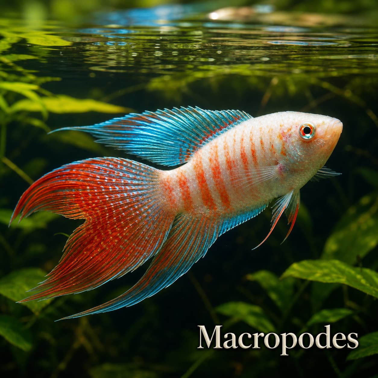 Un poisson macropode mâle vu de profil près de la surface d