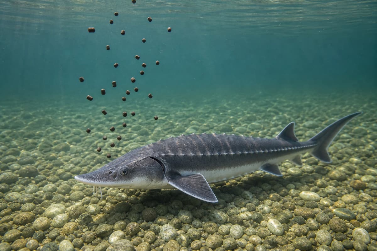 Un esturgeon nage près du fond propre d'un bassin tandis que des granulés coulent doucement vers lui, la surface de l'eau restant calme.