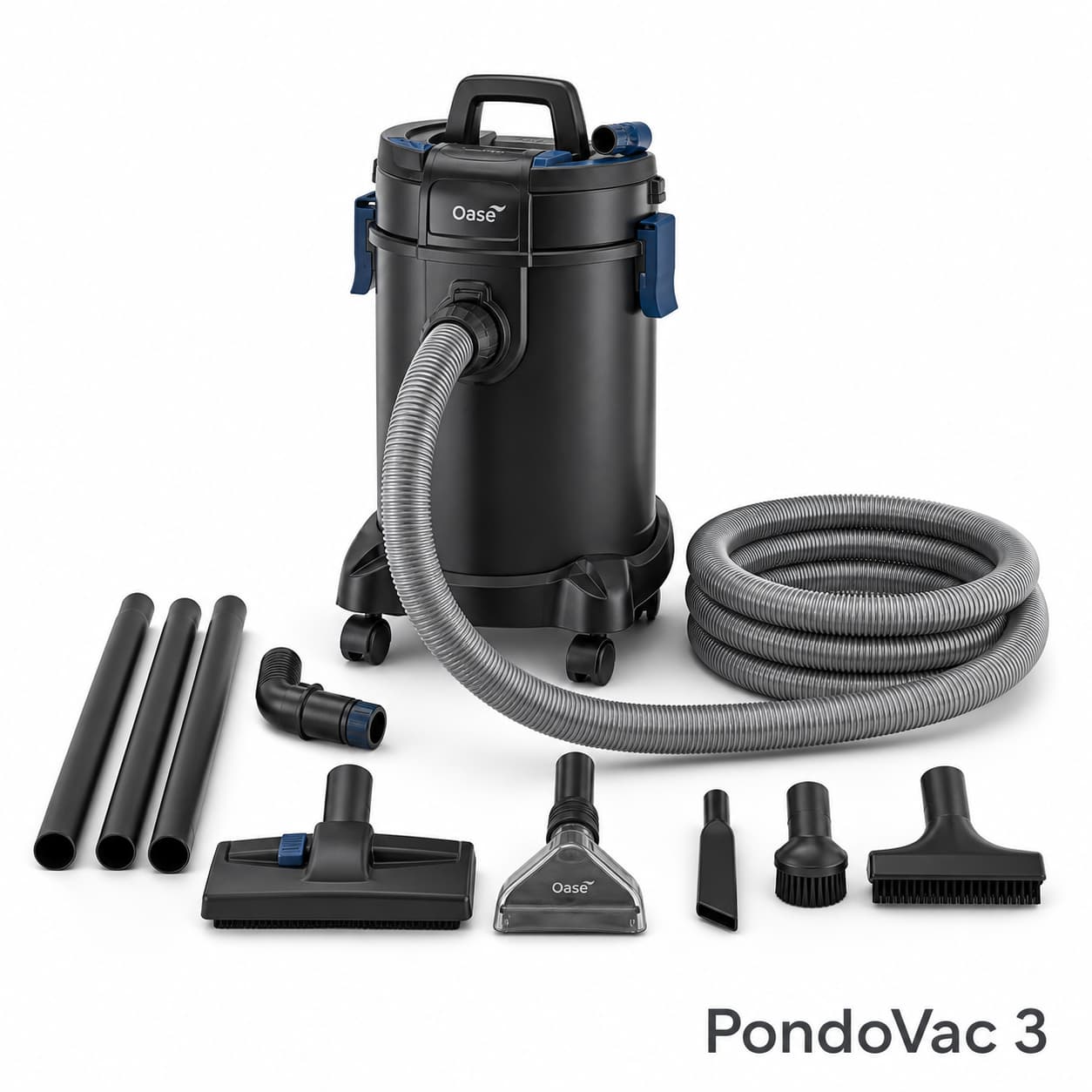 Aspirateur Oase PondoVac 3 avec accessoires sur fond blanc, éclairage studio doux et texte