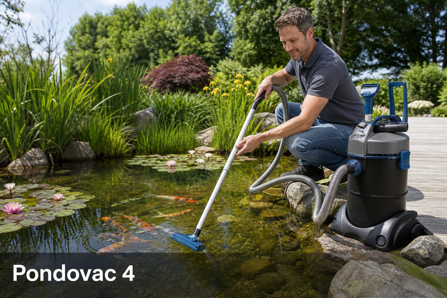 Une personne aspire le fond d’un bassin de jardin avec un aspirateur Oase Pondovac 4, entouré de plantes luxuriantes, de nénuphars en fleurs et de carpes koï, avec le texte