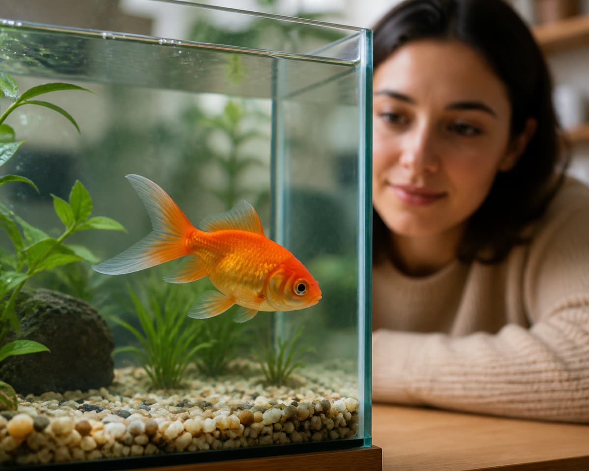 Poisson rouge vu de profil dans un aquarium éclairé, avec une silhouette attentive floue en arrière-plan.