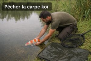 Pêcheur discret au bord d’un étang ramenant une carpe koï colorée à l’aide d’une épuisette, un tapis humide préparé sur la berge, avec le texte 'Pêcher la carpe koï' en surimpression.