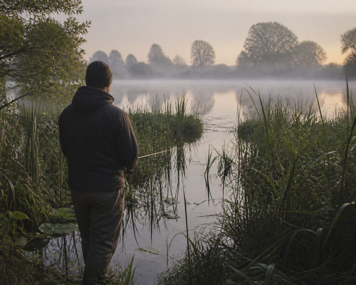 Pêcheur vu de dos avec une canne à pêche orientée vers une trouée dans les herbiers sur une rive végétalisée, eau calme au matin.