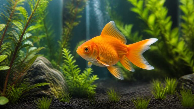 Poisson rouge en bonne santé nageant dans un aquarium spacieux planté, avec une eau claire et une lumière douce.