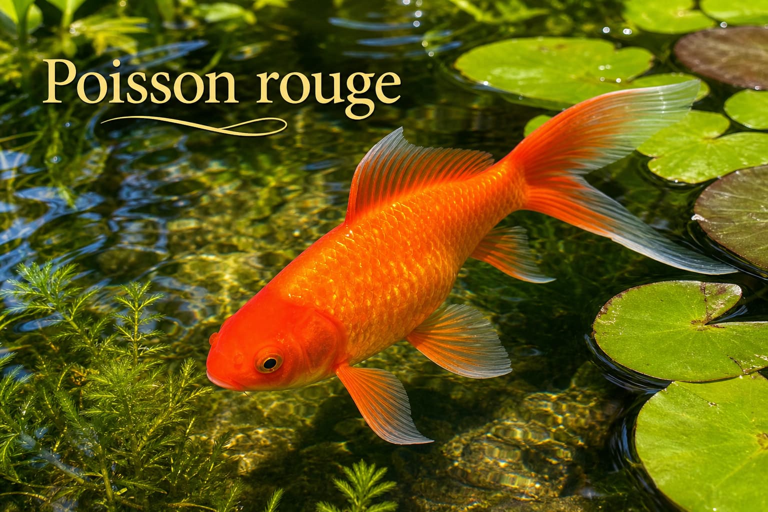 Un poisson rouge orange vif nage dans un étang clair, entouré de plantes aquatiques vertes, avec des ondulations et la lumière du soleil filtrant à travers l