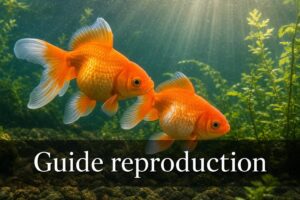 Deux poissons rouges dans une mare claire, un mâle pousse une femelle près de plantes aquatiques, sous un éclairage naturel doux, avec le texte 'Guide reproduction' superposé.