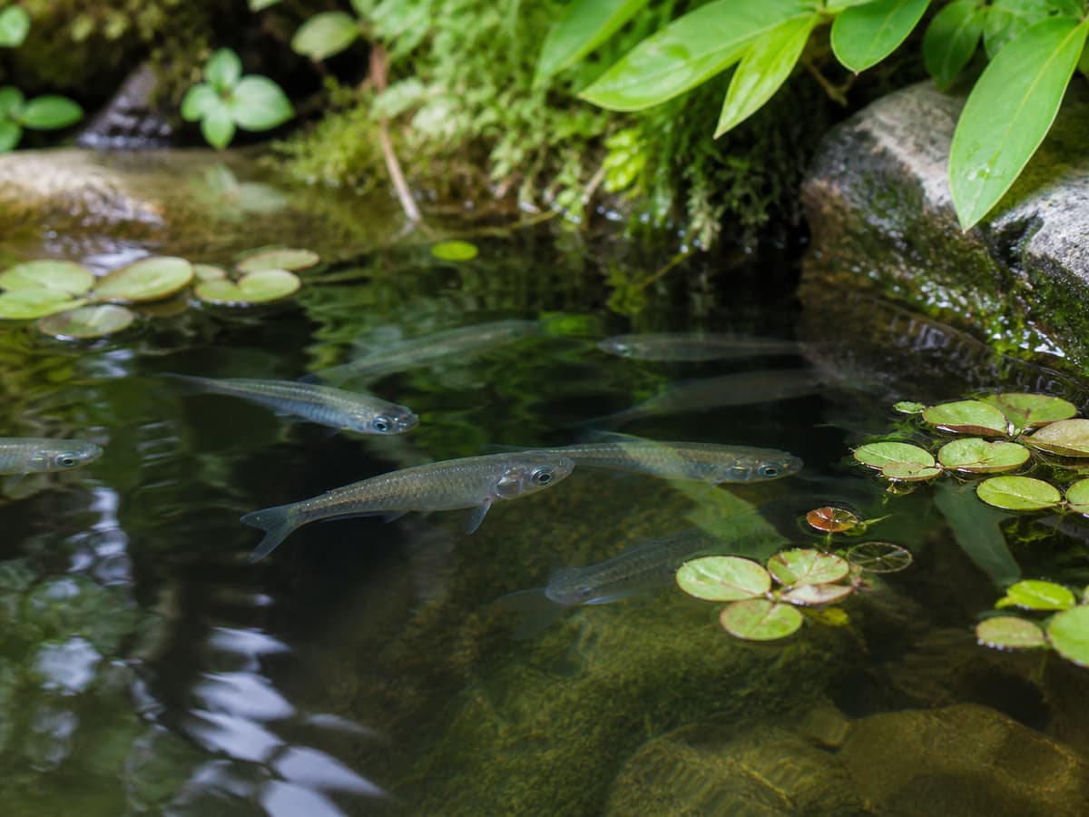 Plusieurs petits poissons nagent près de la surface d’un bassin extérieur planté, avec des plantes flottantes et des zones d’ombre.