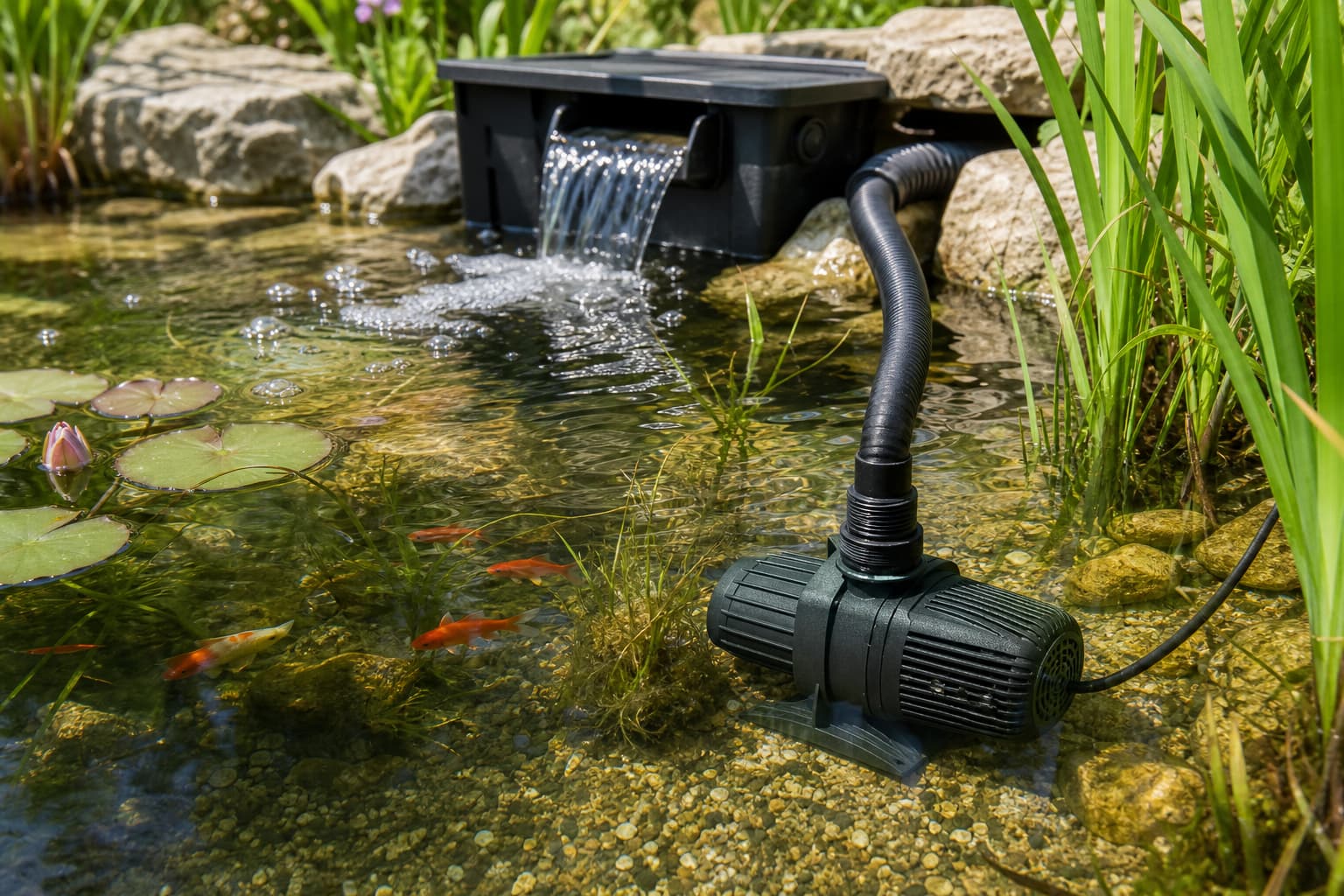 Pompe NCM 5000 immergée dans un bassin entouré de plantes aquatiques et de petits poissons, avec de l