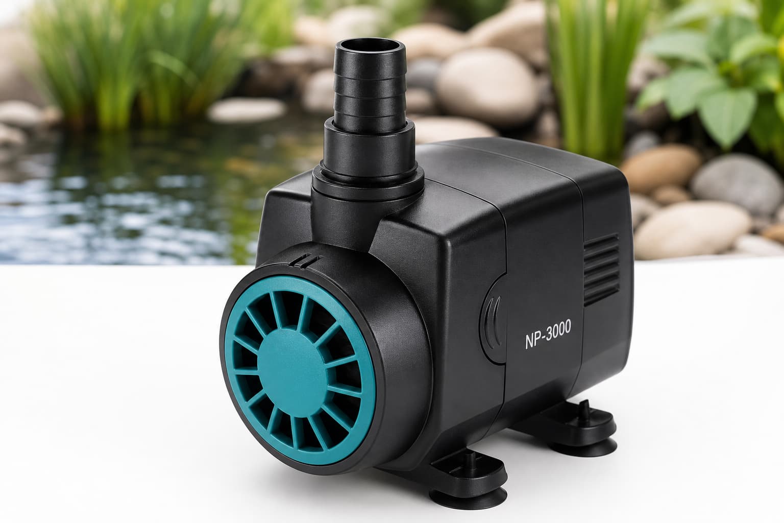 Pompe submersible compacte NP-3000 vue en gros plan sur fond blanc, entrée et sortie apparentes, avec un bassin décoratif flou en arrière-plan.