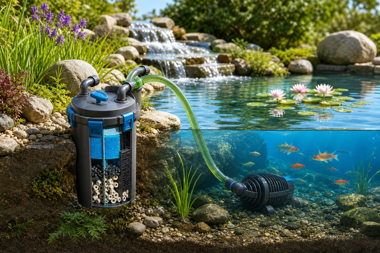 Filtre et pompe de bassin OASE biopress 10000 partiellement immergé dans un étang, eau claire avec poissons, scène extérieure lumineuse.