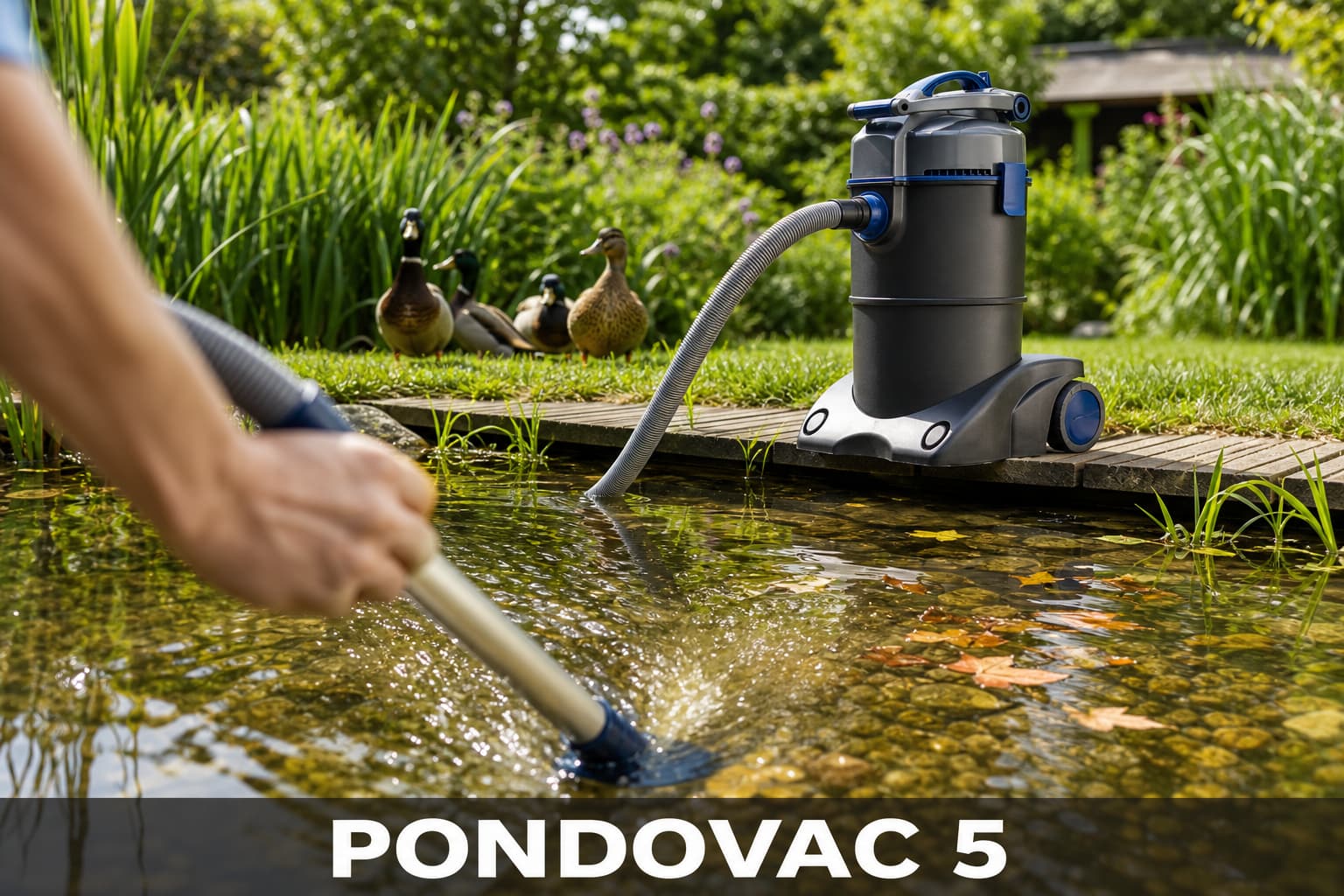 Un aspirateur de bassin PONDOVAC 5 en action dans un grand étang, une main guide la canne d’aspiration sur le fond pour enlever les débris, l’unité est sur la berge avec un long tuyau, des éclaboussures légères et des canards au loin, avec le texte