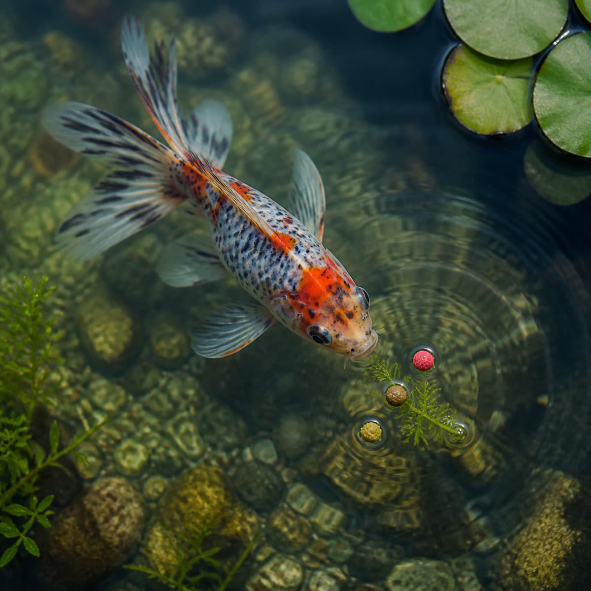 Shubunkin calico nageant dans une eau claire, s'approchant d'une petite ration de granulés et de végétaux aquatiques.
