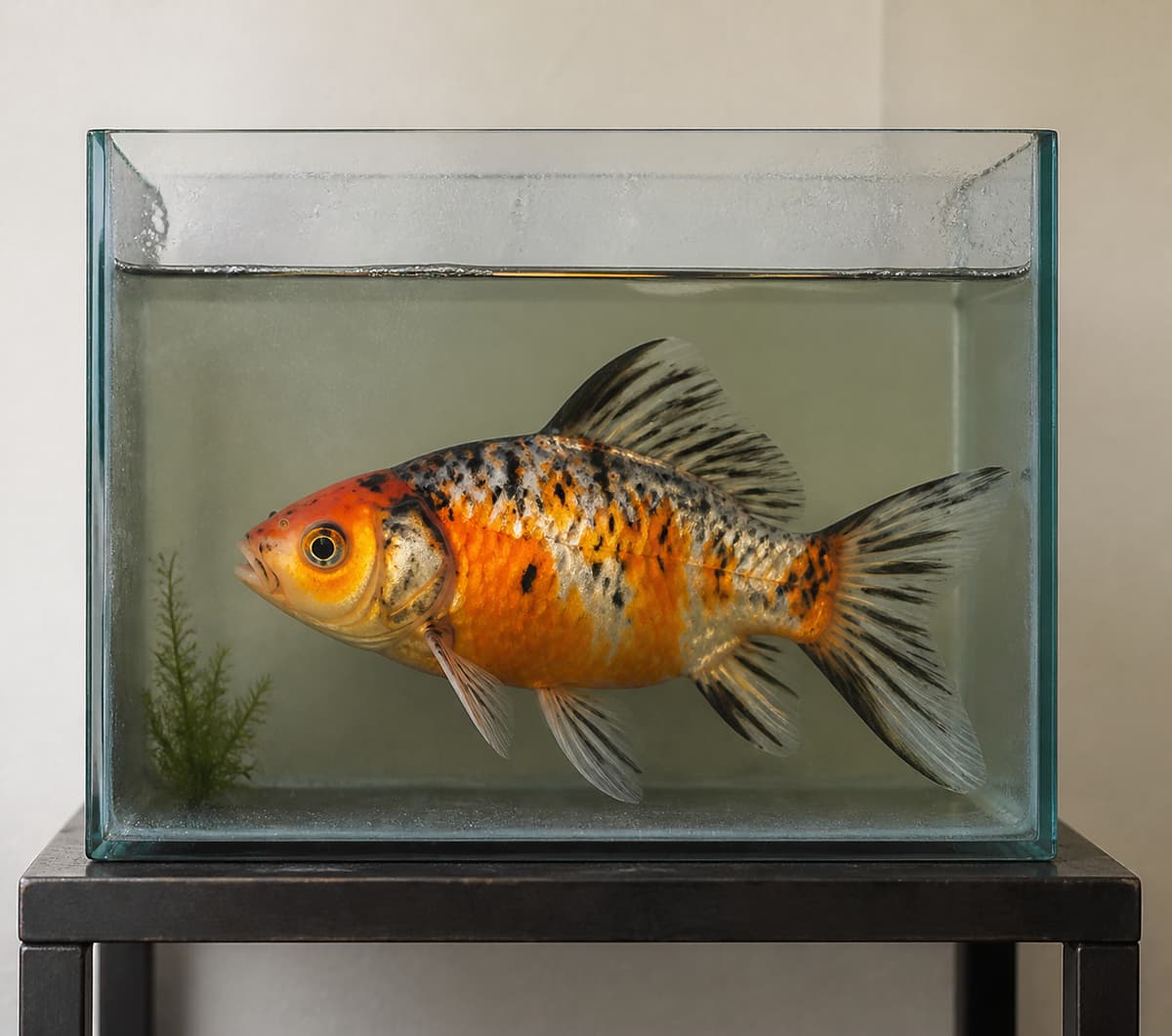 Un shubunkin seul nage dans un aquarium rectangulaire trop petit, avec une eau légèrement trouble et un décor minimal.