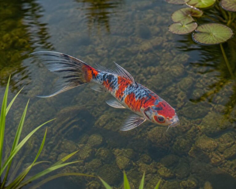 Shubunkin calico à longue queue nageant dans un bassin de jardin planté à l’eau claire.