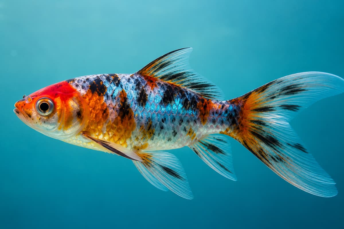 Poisson Shubunkin vu de profil dans une eau calme, avec une robe calico bleue, rouge, noire et orange, des écailles translucides et une queue voilée.