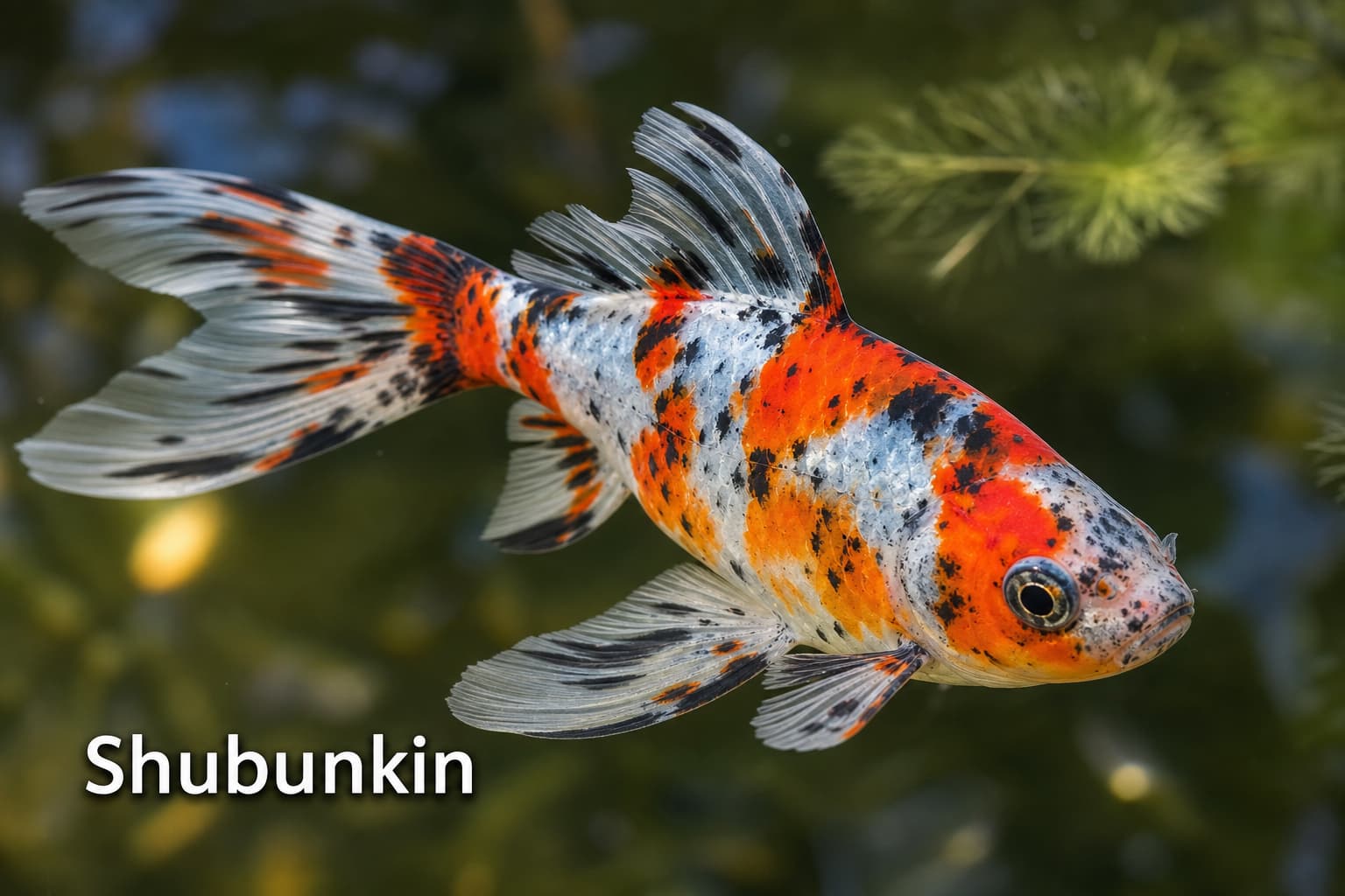Un poisson Shubunkin en gros plan dans un bassin, affichant un motif calico de taches blanches, orange et noires, avec de longues nageoires flottantes déployées élégamment, une lumière naturelle douce rehaussant les couleurs, un arrière-plan flou d