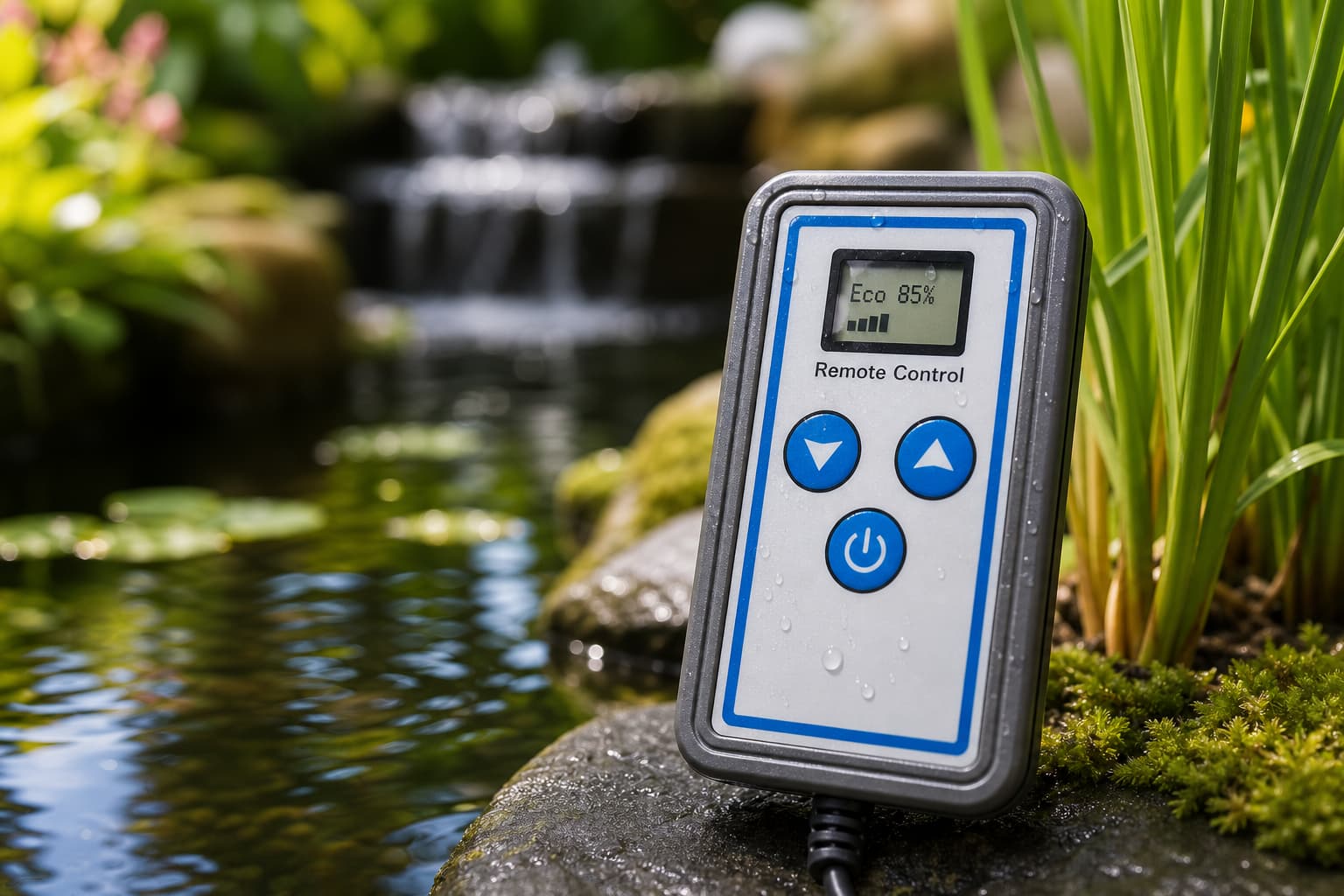 Gros plan du panneau de commande de la pompe variable Superfish Pond Eco Plus, avec un étang luxuriant et une cascade en arrière-plan.