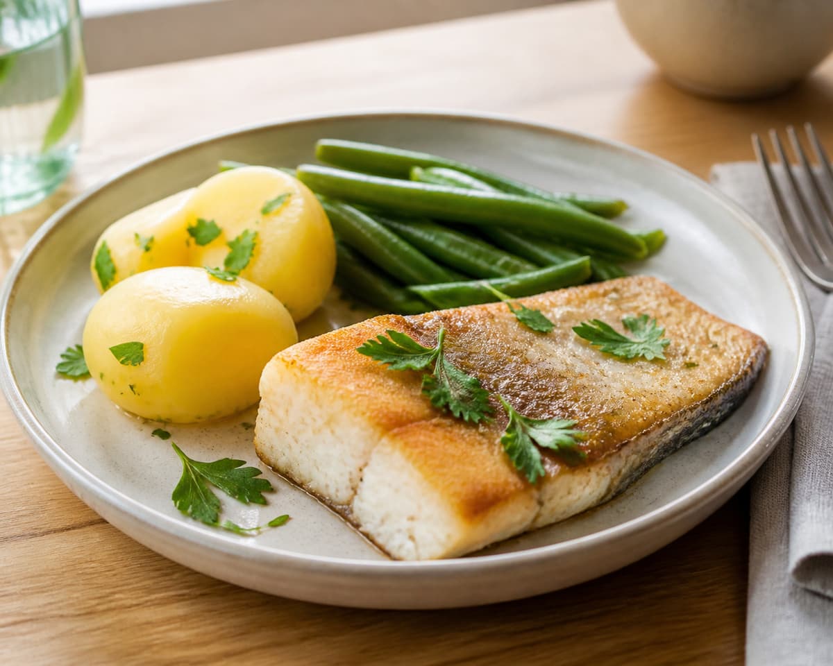 Filet de tanche cuit posé sur une assiette en céramique avec quelques herbes fraîches et légumes, sur une table en bois clair.