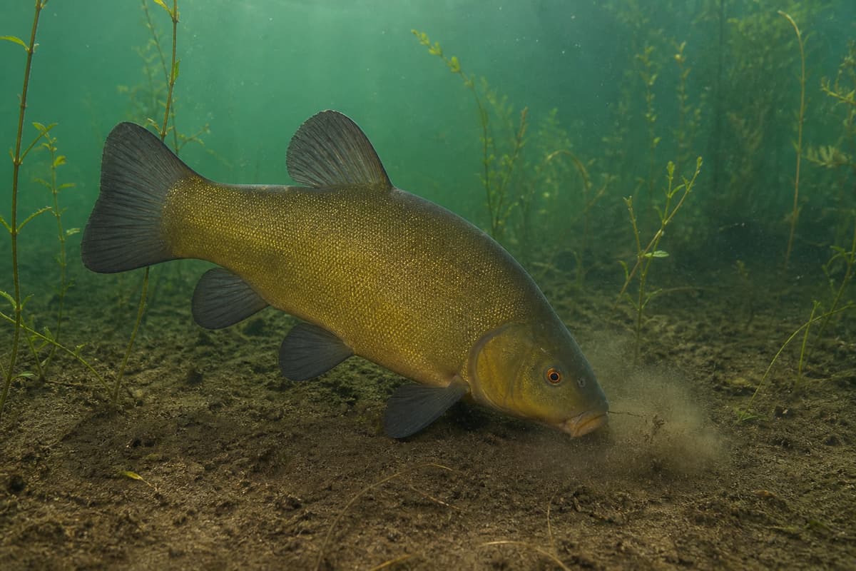 Tanche nageant lentement près d'un fond vaseux dans une eau douce, entourée de tiges de végétation submergée, avec un léger nuage de sédiments soulevé près de son museau.