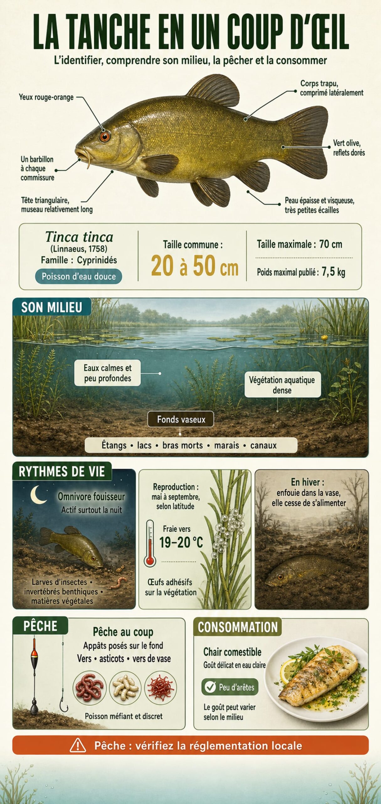 Infographie naturaliste tanche : anatomie, habitat, pêche, consommation