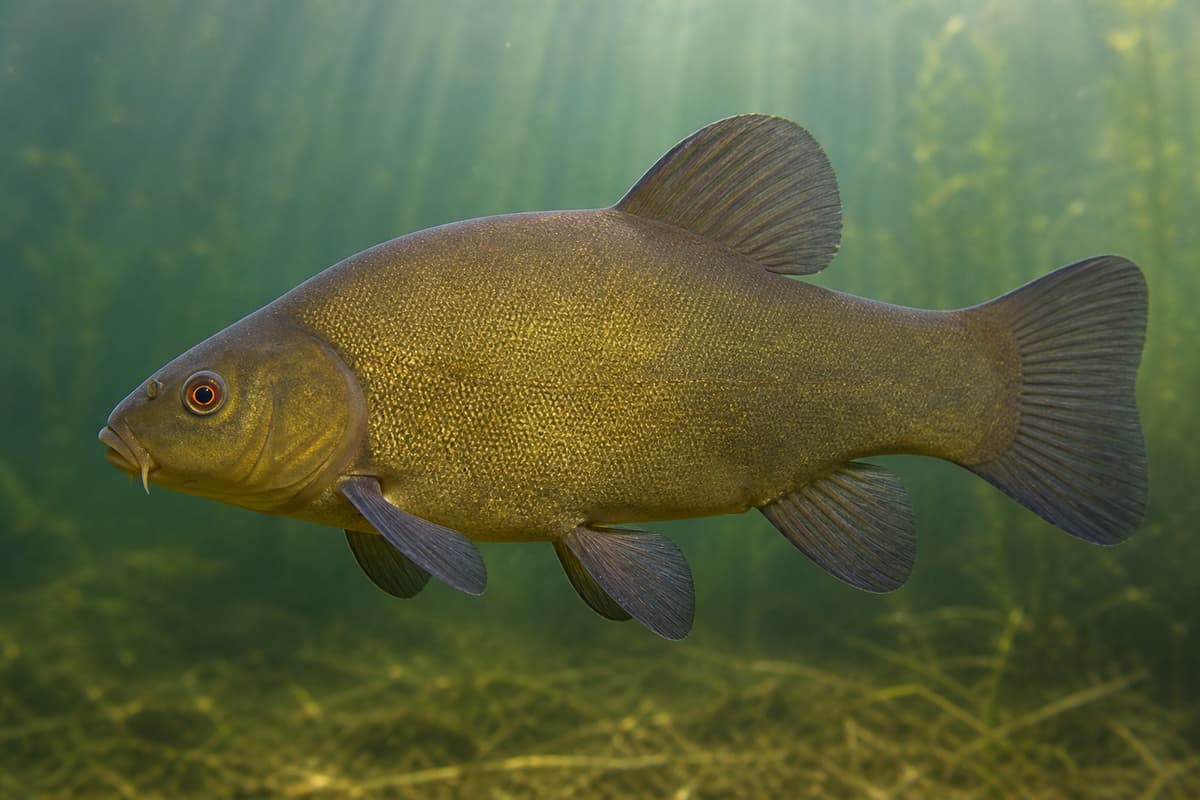 Portrait latéral d'une tanche adulte dans une eau douce calme, montrant un corps massif, un œil rouge-orange, un museau à deux petits barbillons et des nageoires arrondies.