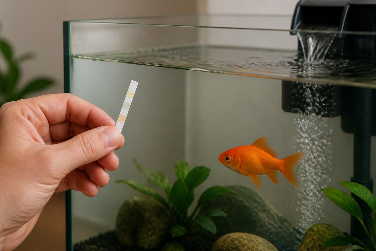 Une main tient une bandelette de test d’eau près d’un aquarium propre où nage un poisson rouge, avec un léger courant d’eau filtrée.