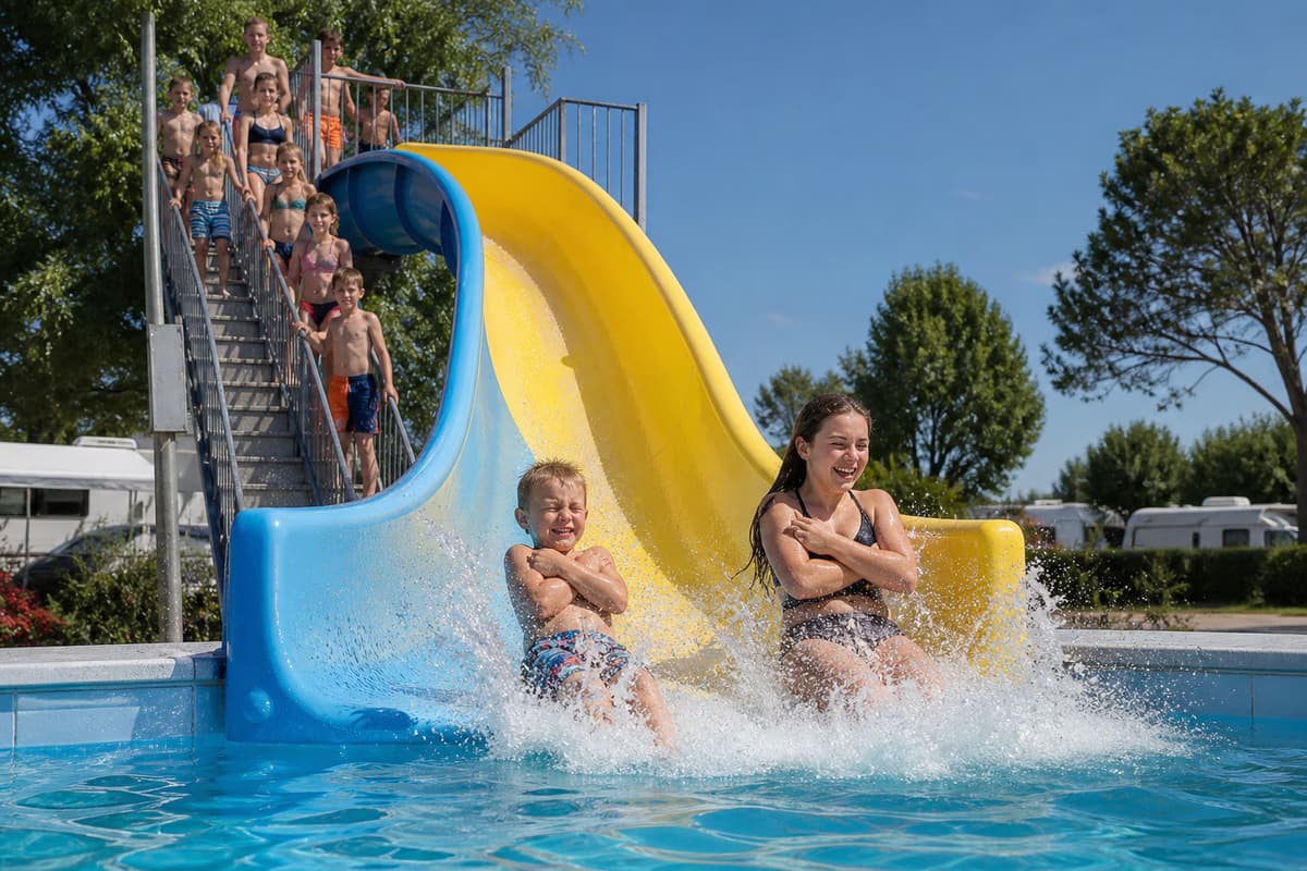 Des enfants et adolescents descendent un toboggan aquatique moderne dans un camping, avec une file d