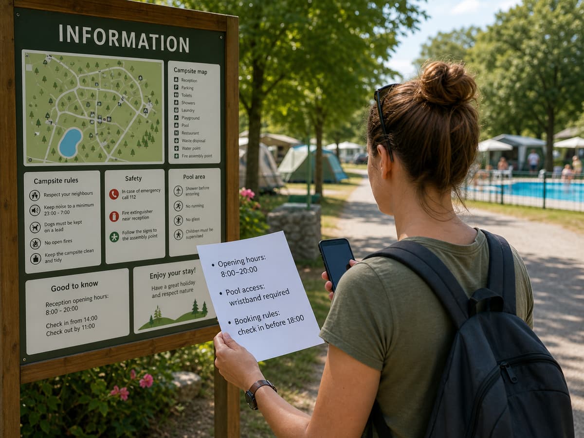 Personne vue de dos consultant une liste de vérification sur son téléphone devant un panneau d