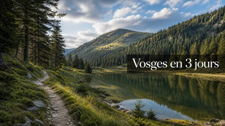 Paysage montagnard des Vosges avec un lac, des crêtes arrondies, une forêt de résineux et un sentier de randonnée, surmonté du texte « Vosges en 3 jours ».