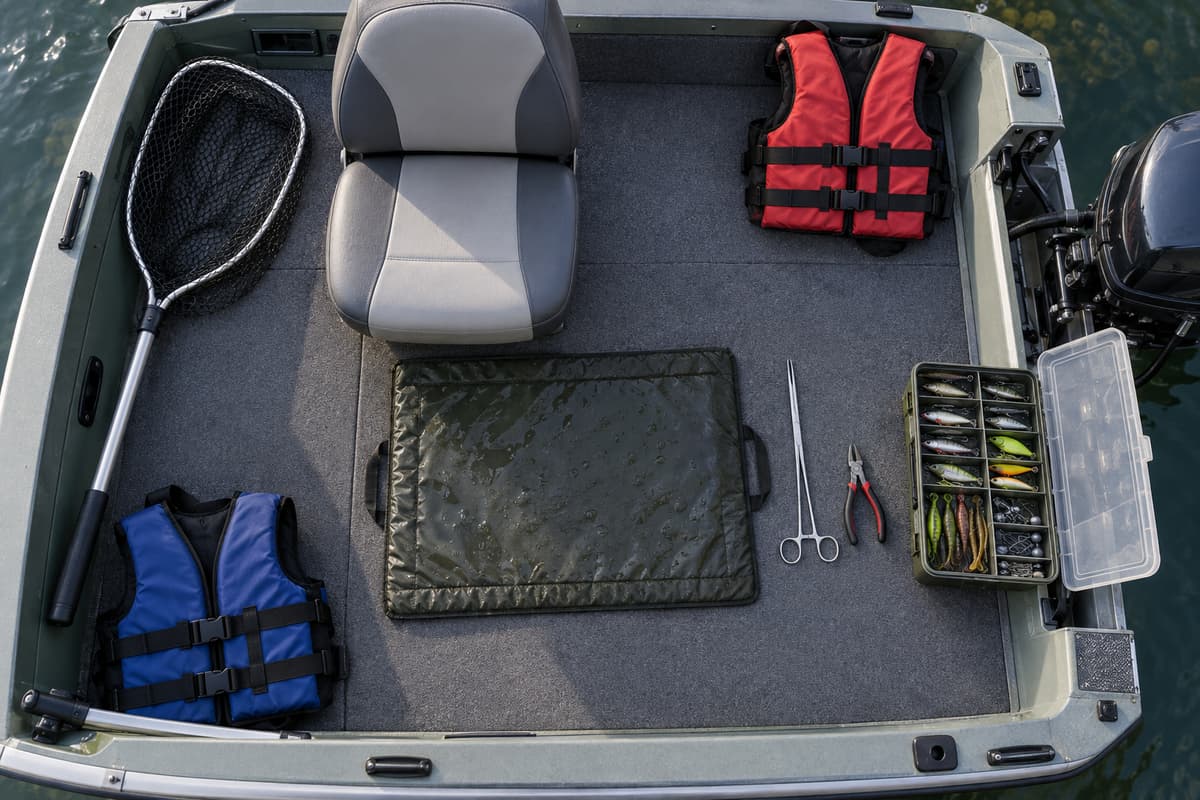 Vue plongeante sur l'intérieur d'une barque de pêche rangée avec une épuisette, des pinces, un tapis humide, une boîte de leurres et deux gilets de sauvetage accessibles.
