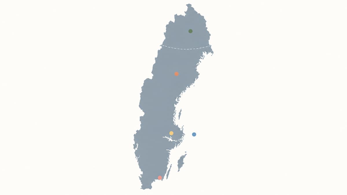 Carte stylisée de la Suède avec cinq points de repère colorés et une ligne pointillée représentant le cercle polaire arctique au nord.