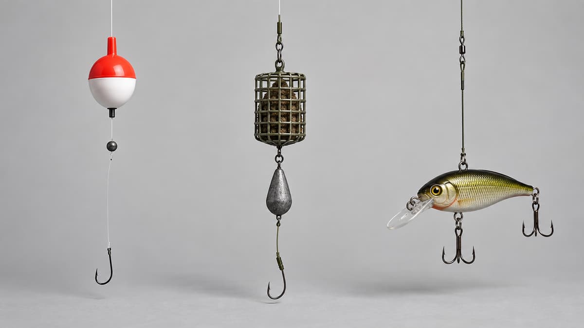 Trois montages de pêche distincts présentés côte à côte sur fond neutre : une ligne au flotteur, un montage feeder et un montage avec leurre pour carnassiers.