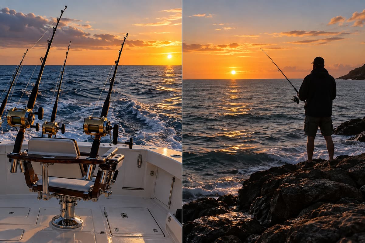 Deux panneaux comparatifs montrant à gauche un bateau de pêche équipé au large et à droite un pêcheur seul sur des rochers avec une canne légère.