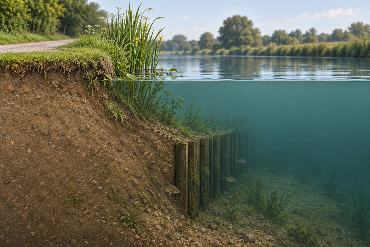 Coupe schématique d'un canal montrant le chemin de halage, le pied de berge, des palplanches et de la végétation, avec quelques silhouettes de poissons près de ces structures.