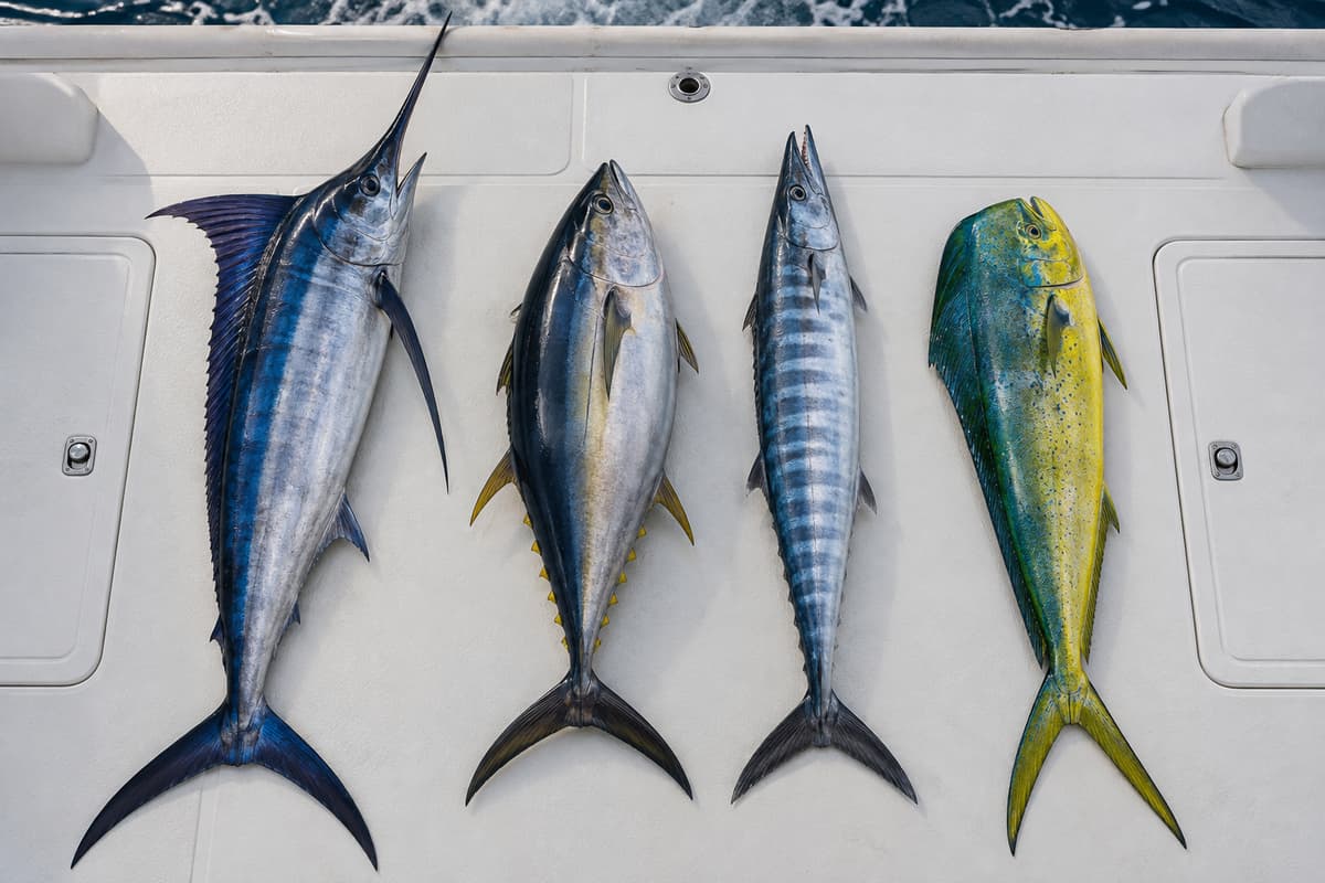 Quatre poissons de mer posés côte à côte sur un pont de bateau : un marlin bleu allongé, un thon trapu, un wahoo élancé et une dorade coryphène colorée.