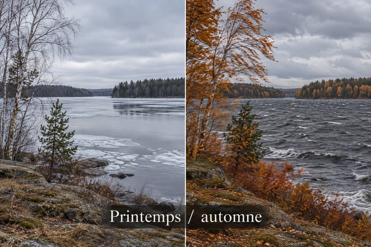 Deux vues côte à côte d'un même lac suédois, celle de gauche montrant une eau froide avec des plaques de glace résiduelles sous une lumière pâle, celle de droite montrant une eau sombre sous un ciel d'automne venteux avec un feuillage roux.